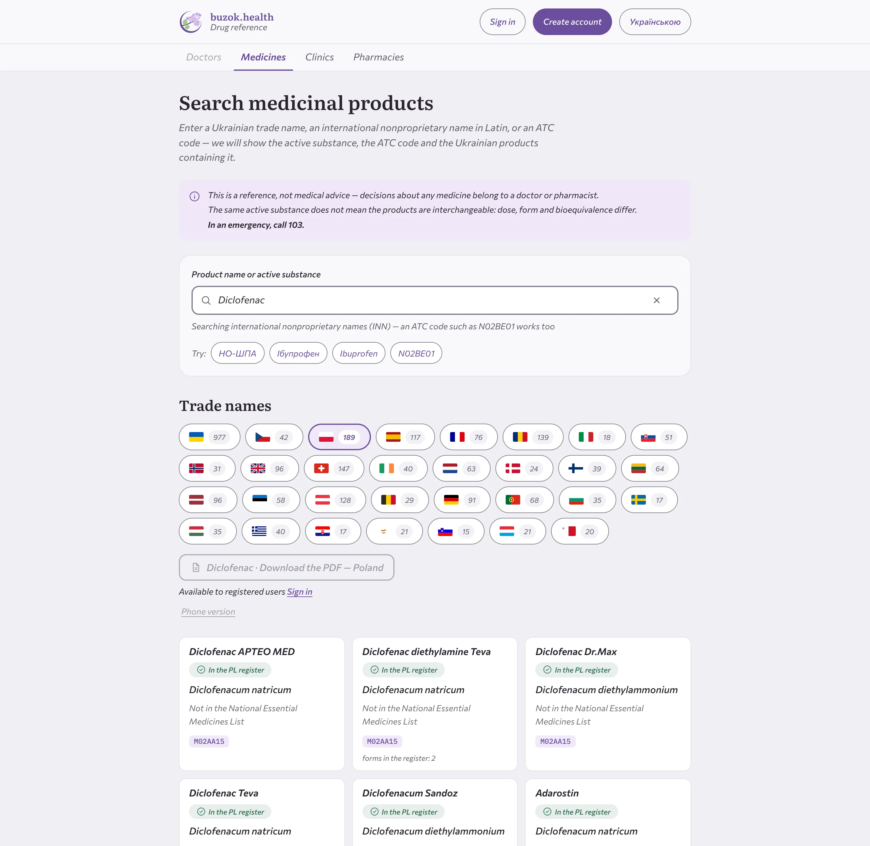 The same search with the Poland tab selected: trade names of diclofenac products in the Polish register
