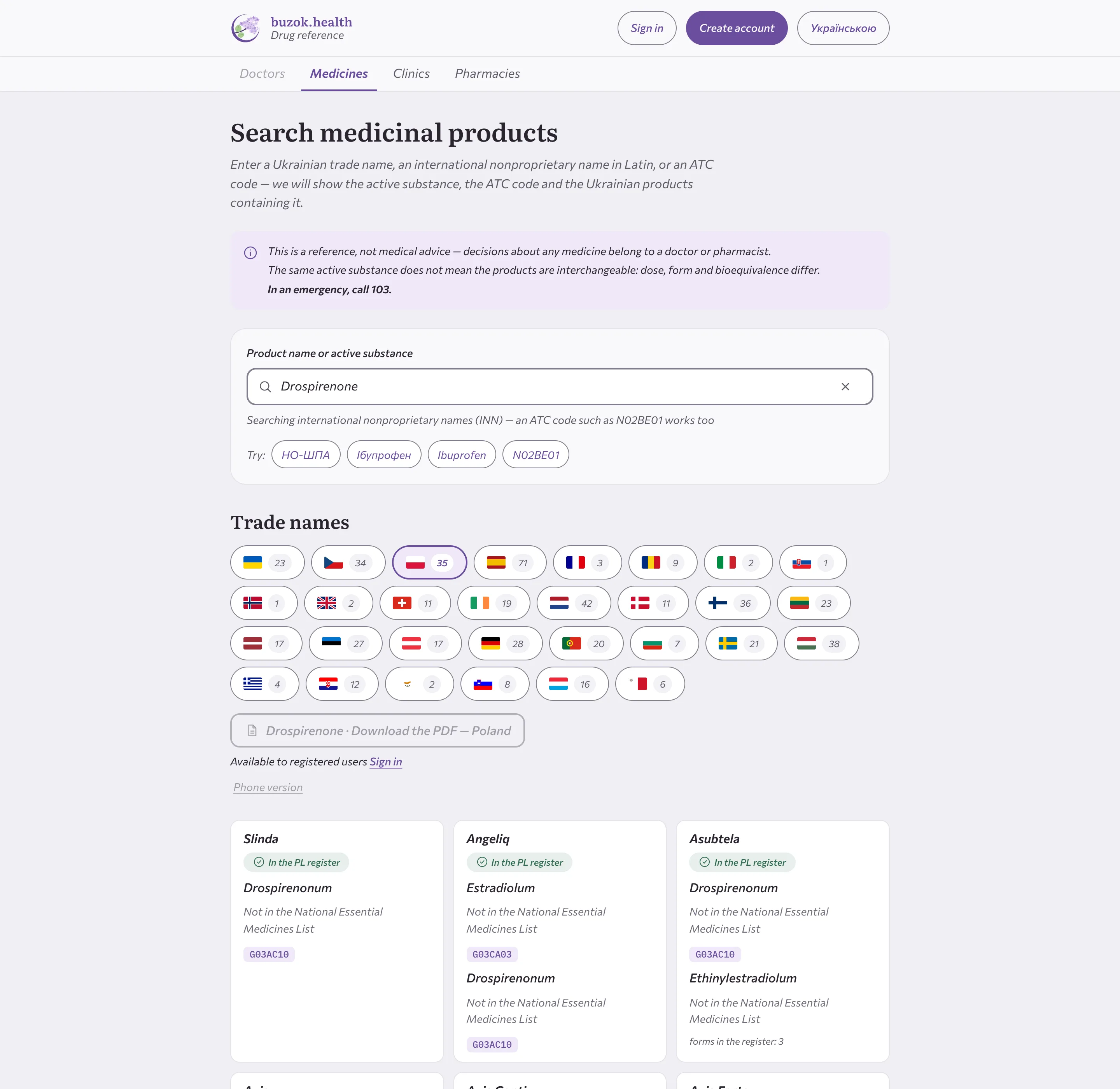 The same search with the Poland tab selected: trade names of products with the same active substances in the Polish register